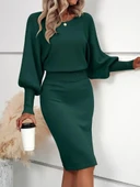 Kadın Uzun Yarasa Kollu Yakası Açık Belden Oturtmalı Kısa Triko Elbise thumbnail 3