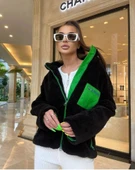 Kadın Uzun Kollu Renkli Cep Ve Fermuar Detay Peluş Mont thumbnail 3