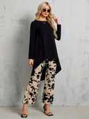 Kadın Uzun Kollu Bisiklet Yaka Asimetrik Kesim Detaylı Viskon Bluz Ve çiçek Desenli Iki Iplik Pantolon thumbnail 4