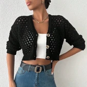 Büyük düğmeli delikli hırka siyah - 1