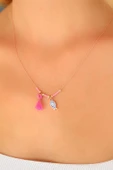 Nazar Boncuklu Pembe Renk Taşlı Rose Bayan Kolye - TJ-BKO4372 - 1