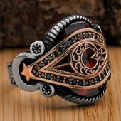 Ay Yıldız Tasarımlı Kırmızı Zirkon Taşlı 925 Ayar Gümüş Yüzük thumbnail 1