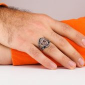 Ay Yıldız Tasarımlı Kırmızı Zirkon Taşlı 925 Ayar Gümüş Yüzük thumbnail 2