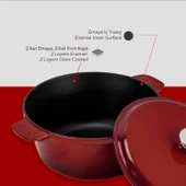 Lava Döküm Yuvarlak Güvec Tencere Döküm Demir Yekpare Kulplu. Çap(Ø)26cm.-Bordo thumbnail 6