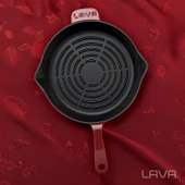 Lava Döküm Yuvarlak Izgara Tava Döküm Demir Yekpare Saplı Radyal Dokulu İç Yüzey Çap(Ø)28cm.-Bordo thumbnail 7