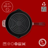 Lava Döküm Yuvarlak Izgara Tava Döküm Demir Yekpare Saplı Radyal Dokulu İç Yüzey Çap(Ø)28cm.-Bordo thumbnail 4