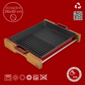 Lava Döküm Dikdörtgen Hibrit Izgara Tavası Kayın Servis Ahşabı Döküm Demir Yekpare Çift Kulplu Ölçü 26x32cm.-Bordo thumbnail 4