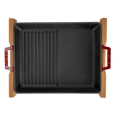 Lava Döküm Dikdörtgen Hibrit Izgara Tavası Kayın Servis Ahşabı Döküm Demir Yekpare Çift Kulplu Ölçü 26x32cm.-Bordo thumbnail 3