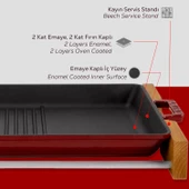 Lava Döküm Dikdörtgen Hibrit Izgara Tavası Kayın Servis Ahşabı Döküm Demir Yekpare Çift Kulplu Ölçü 26x32cm.-Bordo thumbnail 6