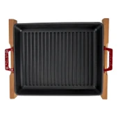 Lava Döküm Dikdörtgen Izgara Tavası Kayın Servis Ahşabı Döküm Demir Yekpare Çift Kulplu Ölçü 26x32cm. thumbnail 3