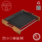 Lava Döküm Dikdörtgen Izgara Tavası Kayın Servis Ahşabı Döküm Demir Yekpare Çift Kulplu Ölçü 26x32cm. thumbnail 4