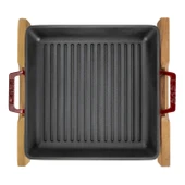 Lava Döküm Kare Izgara Tavası Kayın Servis Ahşabı Döküm Demir Yekpare Çift Kulplu Ölçü 26x26cm.-Bordo thumbnail 3