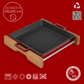 Lava Döküm Kare Izgara Tavası Kayın Servis Ahşabı Döküm Demir Yekpare Çift Kulplu Ölçü 26x26cm.-Bordo thumbnail 4