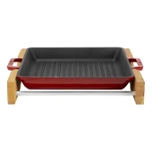 Lava Döküm Kare Izgara Tavası Kayın Servis Ahşabı Döküm Demir Yekpare Çift Kulplu Ölçü 26x26cm.-Bordo thumbnail 1