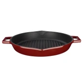 Lava Döküm Yuvarlak Izgara Tavası Döküm Demir Yekpare Çift Kulplu Konkav Taban 15mm. Çap(Ø)30cm.-Bordo - 1