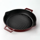 Lava Döküm Yuvarlak Izgara Tavası Döküm Demir Yekpare Çift Kulplu Konkav Taban 15mm. Çap(Ø)30cm.-Bordo - 2
