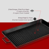 Lava Döküm Dikdörtgen Izgara Tavası Döküm Demir Yekpare Çift Kulplu Ölçü 26x45cm.-Bordo thumbnail 6