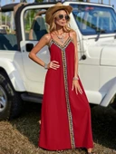 Kadın Askılı V Yakalı Etnik şerit Detaylı Uzun Viskon Elbise thumbnail 1