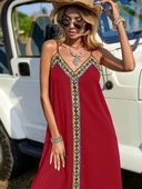 Kadın Askılı V Yakalı Etnik şerit Detaylı Uzun Viskon Elbise thumbnail 5