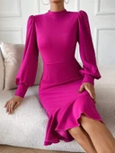 Kadın Uzun Kollu Yarı Balıkçı Yaka Etek Ucu Fırfır Detaylı Midi Ithal Krep Elbise thumbnail 4