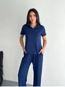 Osy Modal Yumuşak Dokulu Kumaş Kısa Kollu Yakalı T-shirt Pantalon Ikili Takım- Lacivert thumbnail 1