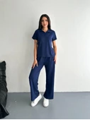 Osy Modal Yumuşak Dokulu Kumaş Kısa Kollu Yakalı T-shirt Pantalon Ikili Takım- Lacivert thumbnail 3