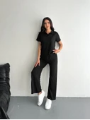 Osy Modal Yumuşak Dokulu Kumaş Kısa Kollu Yakalı T-shirt Pantalon Ikili Takım- Siyah thumbnail 4