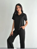 Osy Modal Yumuşak Dokulu Kumaş Kısa Kollu Yakalı T-shirt Pantalon Ikili Takım- Siyah thumbnail 2
