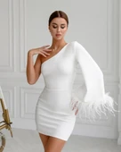 Kadın Kayık Yaka Kolu Salaş Püskül Detay Kalem Mini Elbise thumbnail 1