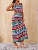 Kadın Bisiklet Yaka Cizgi Desen Süprem Elbise thumbnail 2