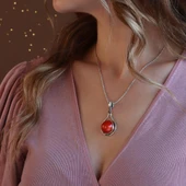 Kırmızı Mercan Taşlı El İşi Otantik 925 Ayar Gümüş Kolye thumbnail 2