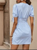 Kadın Kısa Bağcıklı Kol Kruvaze Yaka önden Düğmeli Kısa Poplin Elbise thumbnail 4