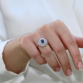 Ortası Safir Taşlı Elips Mekik Gümüş Yüzük thumbnail 3