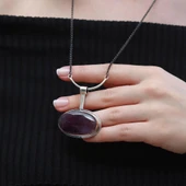 Oval Ametist Taşlı Zinciri Oksitli Otantik Gümüş Kolye thumbnail 2