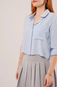 Tek Cep Çizgili Mavi Kısa Gömlek thumbnail 4