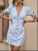 Kadın Kısa Bağcıklı Kol Kruvaze Yaka önden Düğmeli Kısa Poplin Elbise thumbnail 3