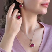 Kök Yakut Taşlı El İşi Gümüş Otantik Set - 1