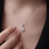 Starlight Diamond Elips Zirkon Taş Ortası Kare 3 Baget Pırlanta Montür Gümüş Kolye thumbnail 2