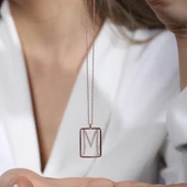 M Harfi Zirkon Taşlı Rose Gold Kaplama Çerçeveli Gümüş Kolye thumbnail 1