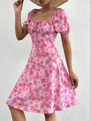 Kadın Kısa Kollu Mini çiçek Baskılı Bağcık Detay Süprem Midi Boy Elbise thumbnail 5