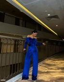 Kadın Modanna Yaka Zincir Askı Detay Kemer Dahil Kadife Kumaş Tulum thumbnail 2