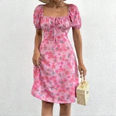 Kadın Kısa Kollu Mini çiçek Baskılı Bağcık Detay Süprem Midi Boy Elbise thumbnail 3