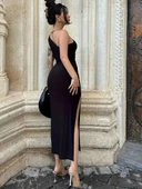 Kadın Tek Omuzu Açık Büzgülü Yandan Yırtmaçlı Uzun Sandy Elbise thumbnail 3