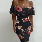 Kadın Madonna Yaka çiçek Baskılı Volan Detay Kalem Elbise thumbnail 1