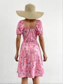 Kadın Kısa Kollu Mini çiçek Baskılı Bağcık Detay Süprem Midi Boy Elbise thumbnail 4