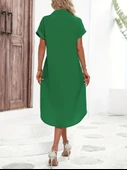 Kadın Kısa Kollu Yakalı Düğme Detay Midi Dokuma Elbise thumbnail 2