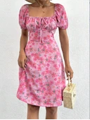 Kadın Kısa Kollu Mini çiçek Baskılı Bağcık Detay Süprem Midi Boy Elbise thumbnail 1