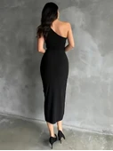 Kadın Tek Omuzu Açık Büzgülü Yandan Yırtmaçlı Uzun Sandy Elbise thumbnail 6
