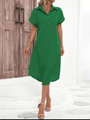 Kadın Kısa Kollu Yakalı Düğme Detay Midi Dokuma Elbise thumbnail 5