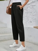 Kadın Yüksek Bel Yandan Cepli Düğme Detaylı Geniş Kesim Ithal Krep Pantolon thumbnail 6